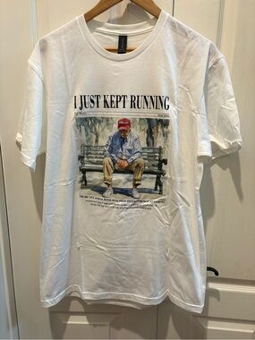 Gildan White Short-Sleeve Tee with Colorful Bench Illustration Trump